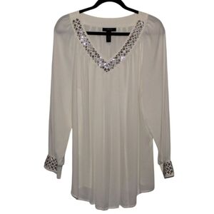 Alfani Embellished Pleated V-neck Long Sleeve Flowy Tunic, Off White, 16